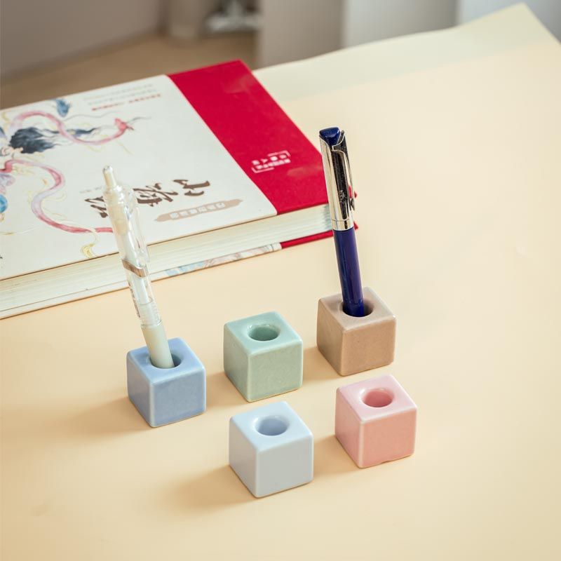 创意简约正方形diy手工小花插办公桌陶瓷钢笔签字笔文具笔插座