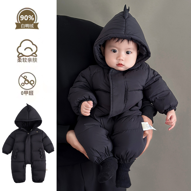 婴儿连体衣女宝宝冬装羽绒服连体衣儿童90白鸭绒衣服加厚哈衣爬服
