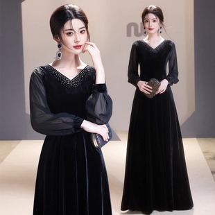 日本品質(zhì)黑色指揮晚禮服絲絨高端藝考大合唱團(tuán)演出女長(zhǎng)裙主持人宴