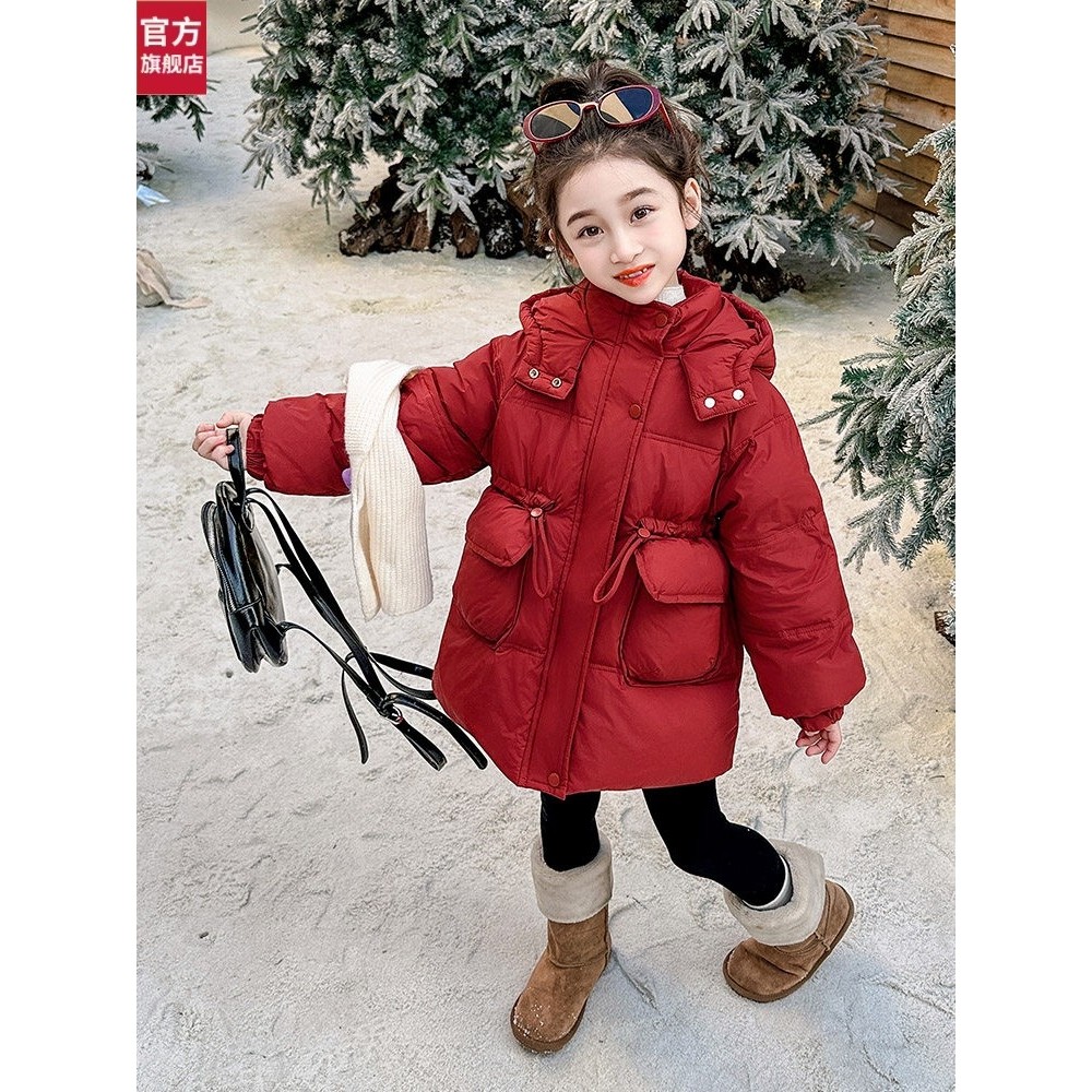 拉比官网女童羽绒服2026新款中长款儿童秋冬加厚红色洋气宝宝外套