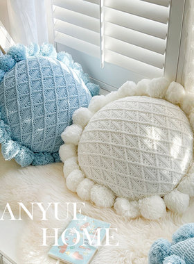 蔓越家 ins北欧风蓝色圆形蒲团床E头靠枕抱枕靠垫客厅沙发腰枕靠