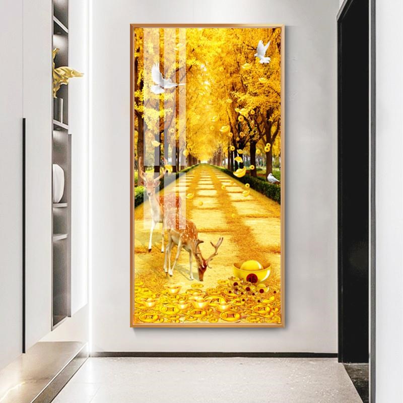 门厅过道c挂画新中式麋鹿玄关装饰画轻奢银杏叶走廊尽头壁画晶瓷图片