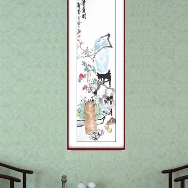 中式手绘a真迹岁朝清贡图梅水仙花竖版客厅玄关书房办公室挂国字