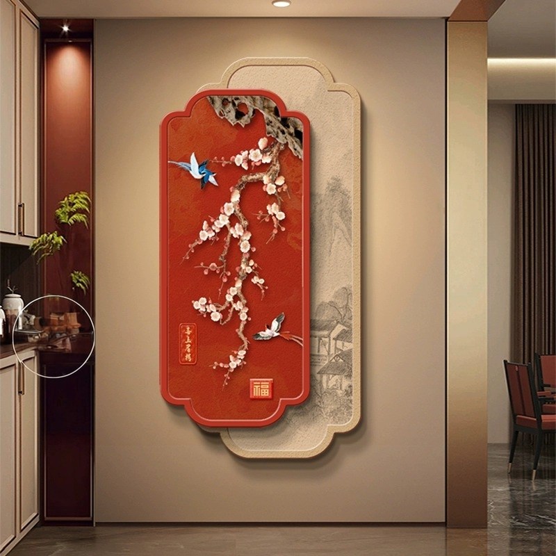 新中式玄关装饰画入户门竖款壁画带灯花K鸟树木砂岩画走廊过道挂图片