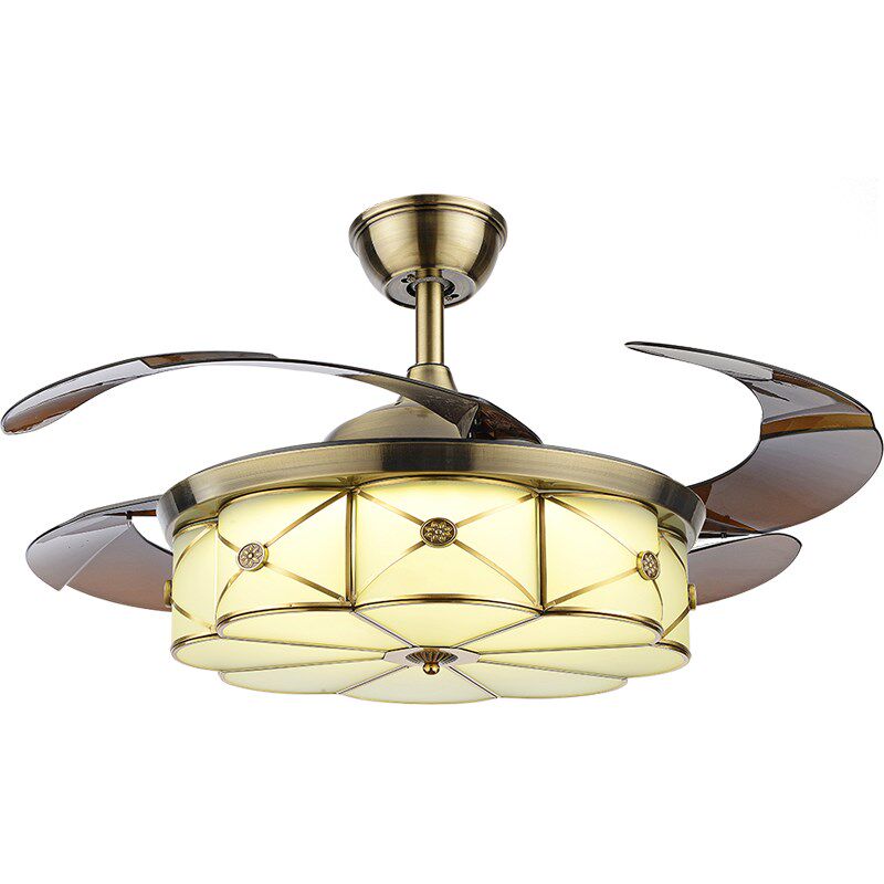 全铜隐形吊扇灯餐厅欧式简约52寸电扇灯卧室吊灯T铜灯客厅风扇吊