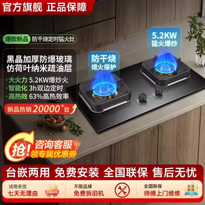 德国品牌防干烧猛火燃气灶家用天然气液化气双灶一级能效定时灶具