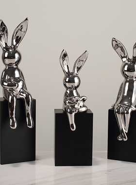 轻奢坐姿长耳朵兔子摆件陶瓷电镀工艺品酒柜电视柜VU家居装饰品摆
