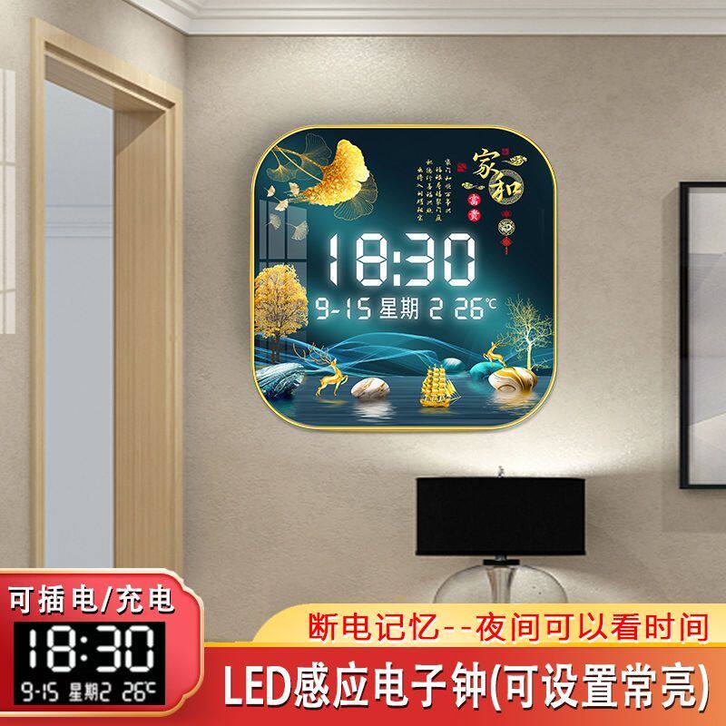 钟表客厅家用卧室挂钟饭厅画 画墙上免打孔数显静音温度时钟正方