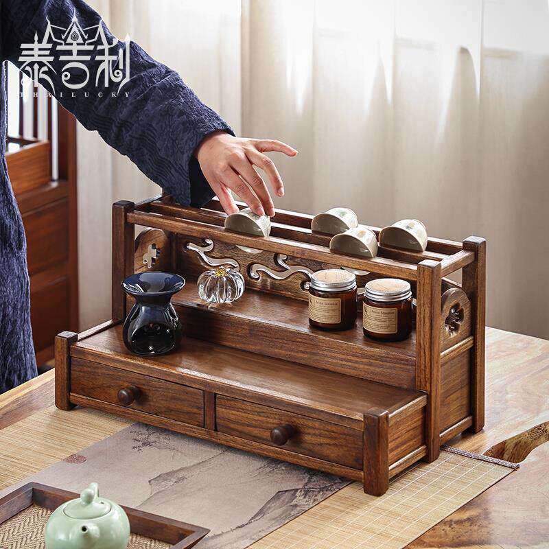 泰吉利柚木茶杯架实木茶具茶壶紫砂壶收纳架中式博古架小架置物架