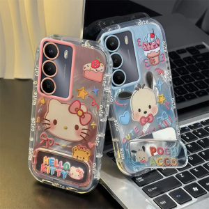 适用realme真我V5/V11S手机壳V15V20新款V23i全包V30T防摔V60pro/V70S时尚卡通透明泡芙壳KT猫帕恰狗镜面支架