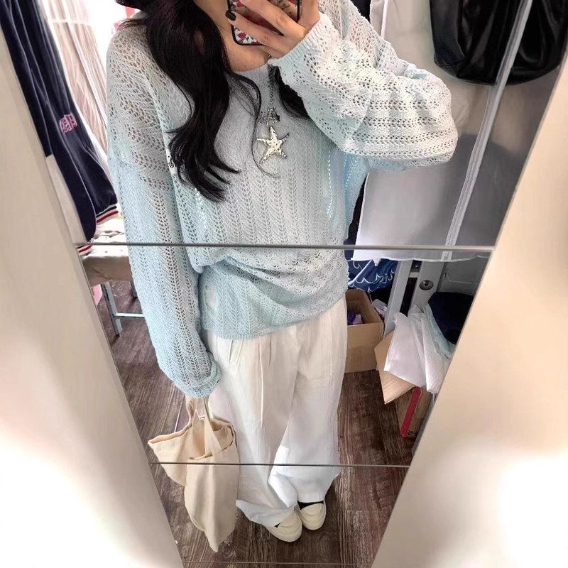 宽松夏季上衣罩衫防晒破洞衫休闲镂空圆领风针织衫女薄款外搭慵懒
