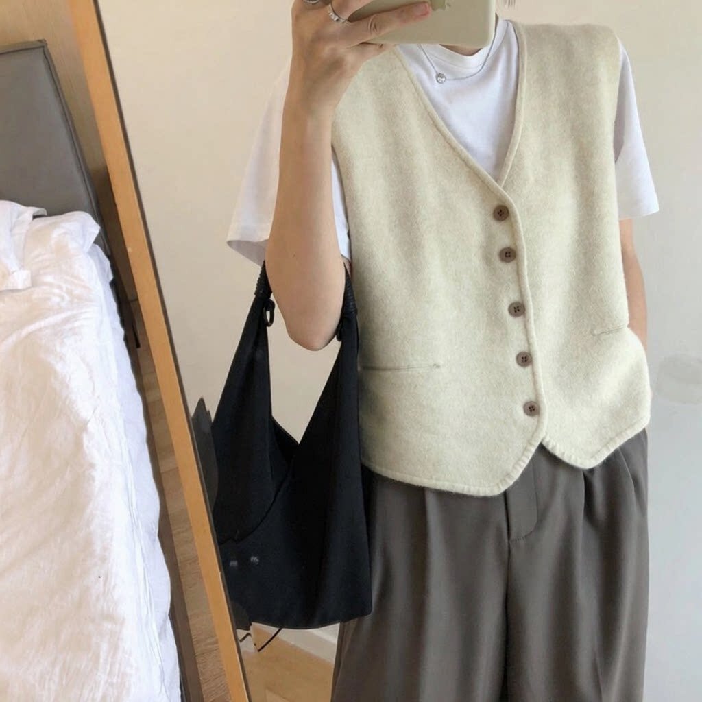 日系简约纯色叠穿针织马甲女 新款秋季百搭V领毛线背心坎肩