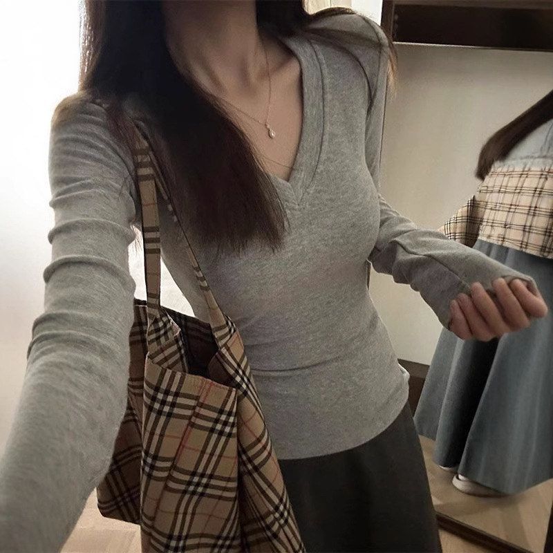 辣妹加绒女保暖T恤V秋冬修身德绒内打底衫显瘦领搭上衣正肩长袖