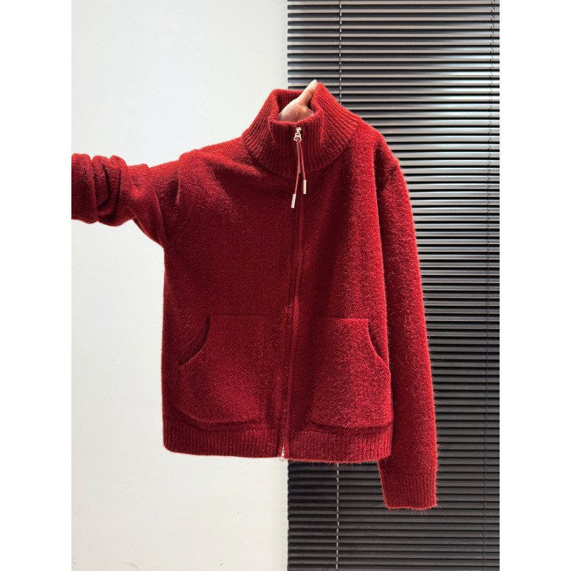 毛衣新款拉链加厚女高领KANING慵懒立领秋冬红色毛线衣开衫针织衫