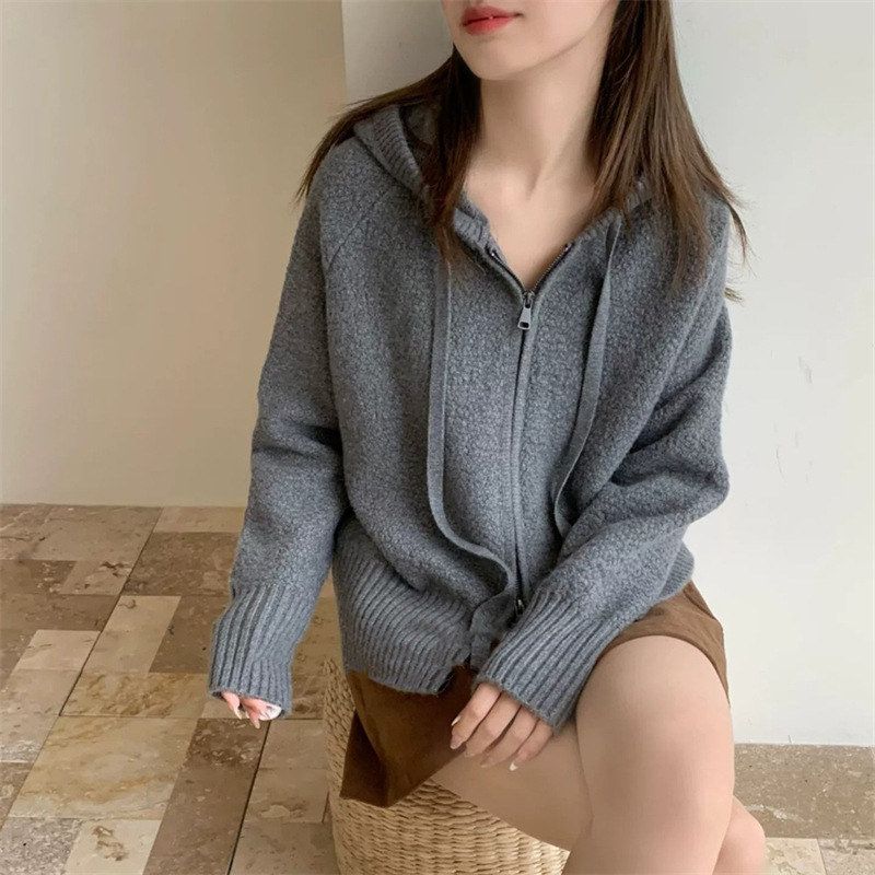 韩版双秋冬新款女KALE毛衣外套连帽纯色2026拉链针织开衫短款女