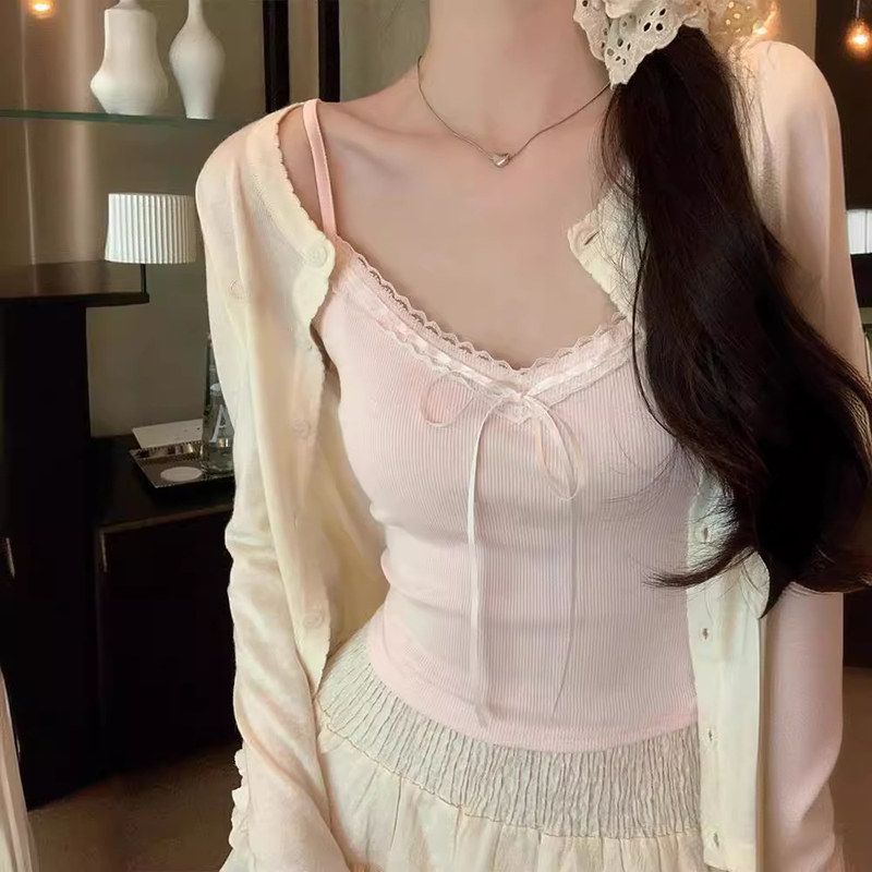修身甜衣背心美蝴蝶结抹胸蕾丝花边辣妹小吊带女短款纯欲夏季背上