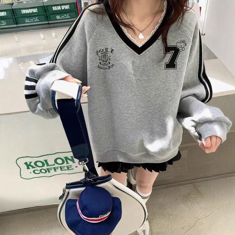 甜美设计感撞色蕾丝边V领长袖卫衣男女春秋韩版减龄百搭显瘦上衣