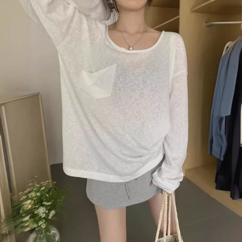 白色慵懒风长袖T恤女装夏季透视薄款防晒罩衫轻薄宽松松弛感上衣