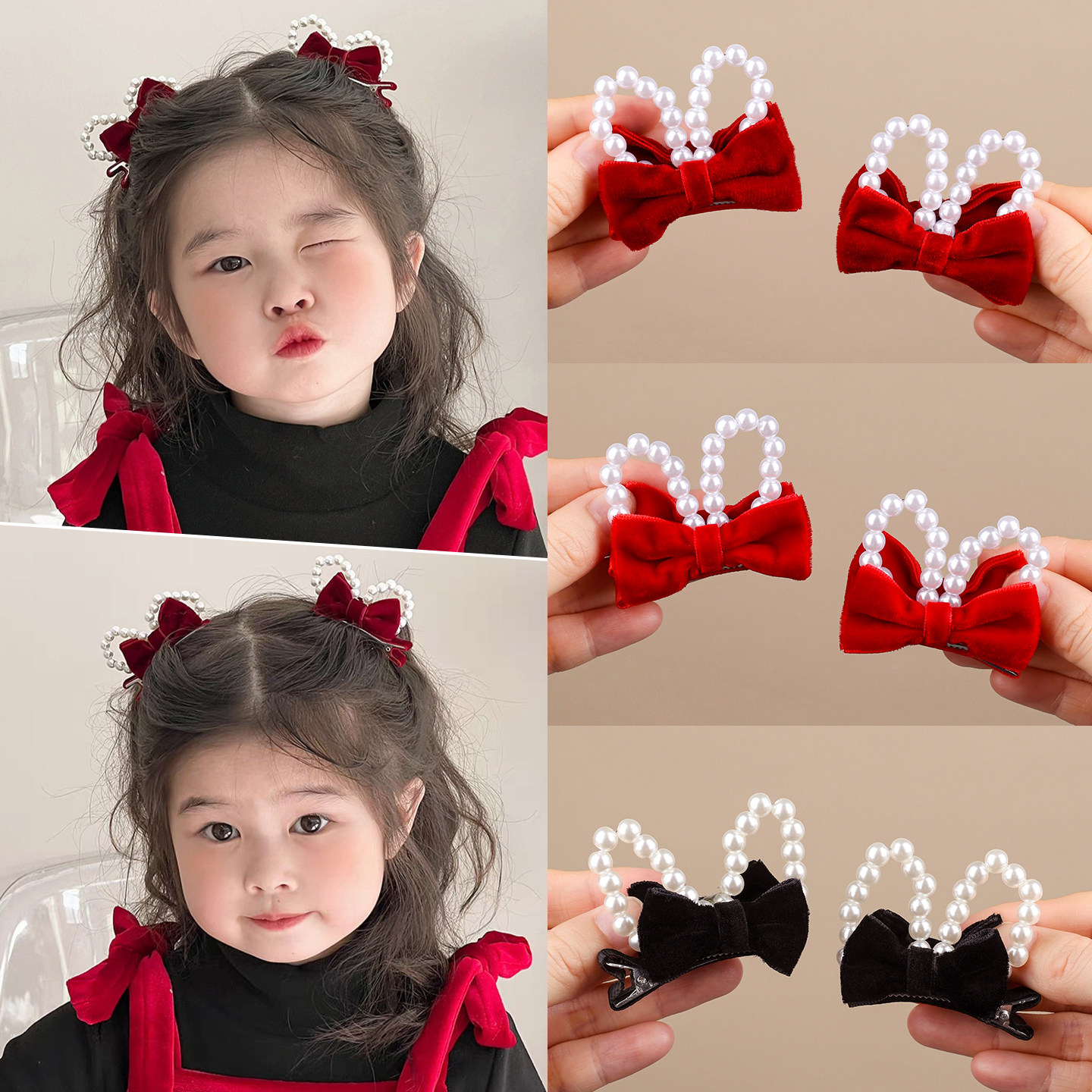 新年儿童红色蝴蝶结珍珠发夹女童可爱过年喜庆夹子公主头发卡头饰