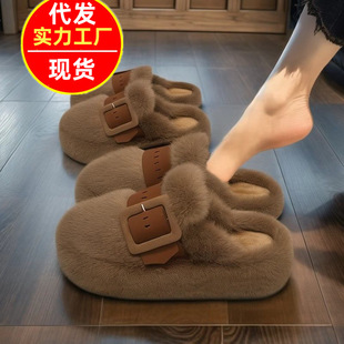 网红毛毛拖鞋女外穿包头厚底松糕2025年秋冬季新款高级感棉拖鞋女