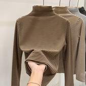 加厚内搭保暖上衣条纹长袖 半高领德绒打底衫 女2025秋冬新款 t恤潮