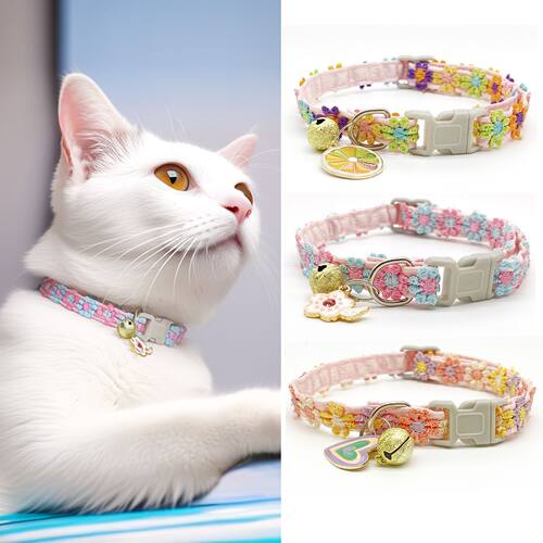 亚马逊宠物项链七彩蕾丝花朵猫项圈小狗饰品颈圈铃铛脖圈猫咪项圈
