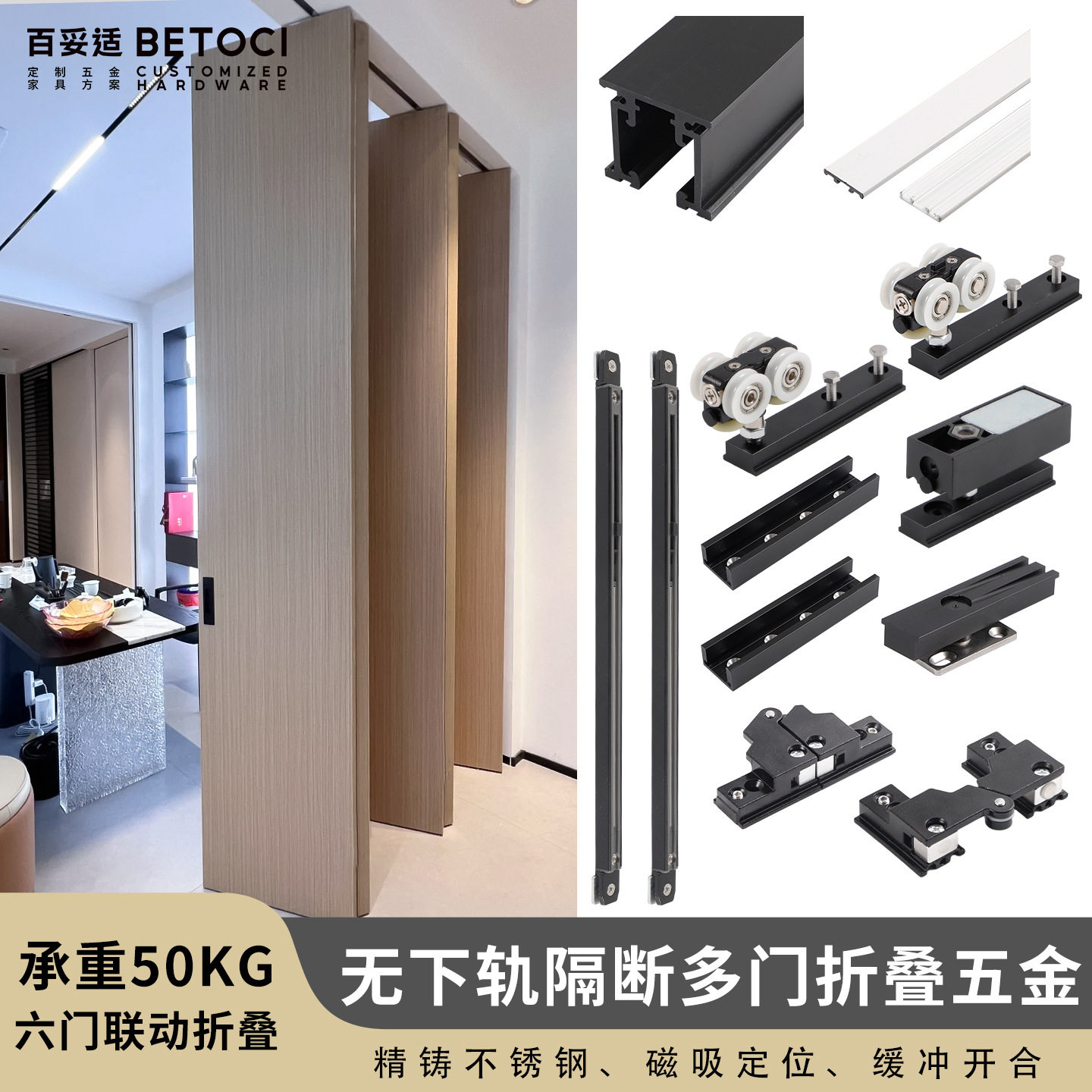 多门折叠隔断联动推拉门五金隐藏无地轨三折叠阻尼缓冲滑轨配件图片