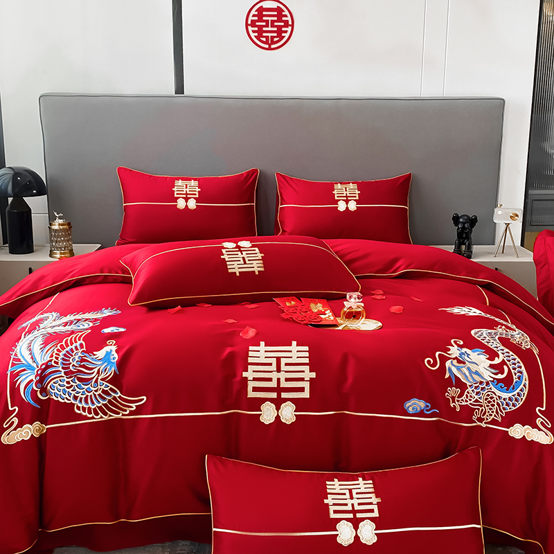 中式刺绣全棉婚庆四件套w大红色床单被套陪嫁结婚床上用品