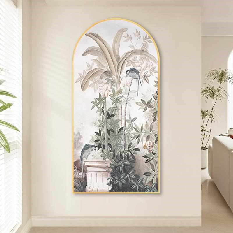 法式入户玄关装饰画复古花鸟拱形壁画轻J奢奶油风走廊过道竖版挂