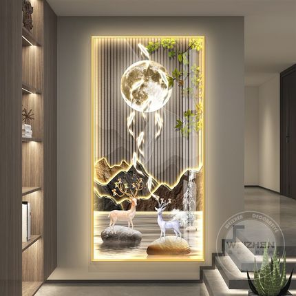 轻奢led带灯九鱼图入户玄关装饰C画简约现代挂画走廊过道壁画竖版