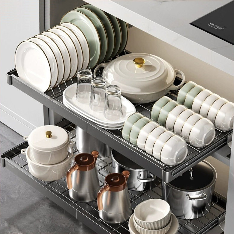 不锈钢橱柜拉篮厨房抽屉式可伸缩沥水架免打孔抽拉碗碟收纳置物架
