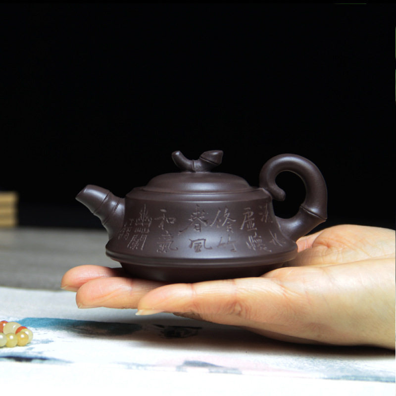 宜兴迷你紫砂壶竹段一品竹纯手工老紫泥小茶壶一人壶对嘴喝竹节壶