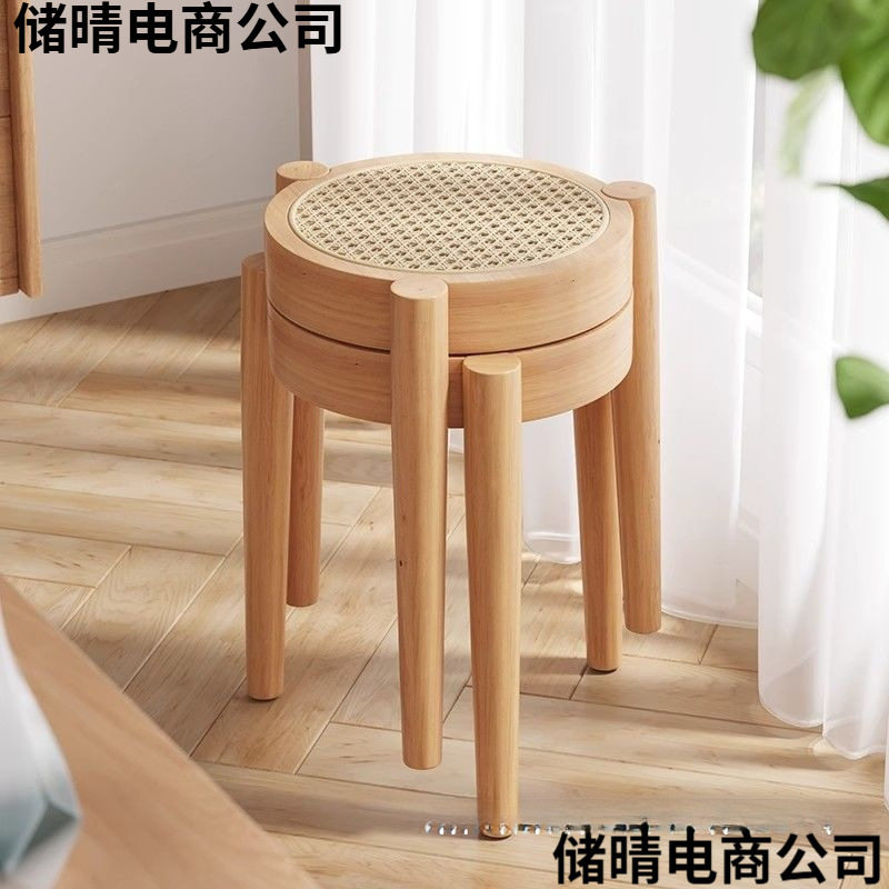 实木椅子餐椅家用藤编餐桌凳子意式中古网红书桌靠背椅可叠放圆凳
