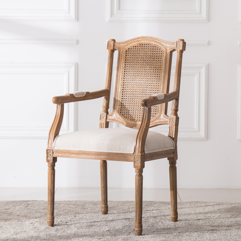 美式乡村实木椅做旧带藤背餐椅欧式亚麻餐厅椅法式橡木圆藤椅子