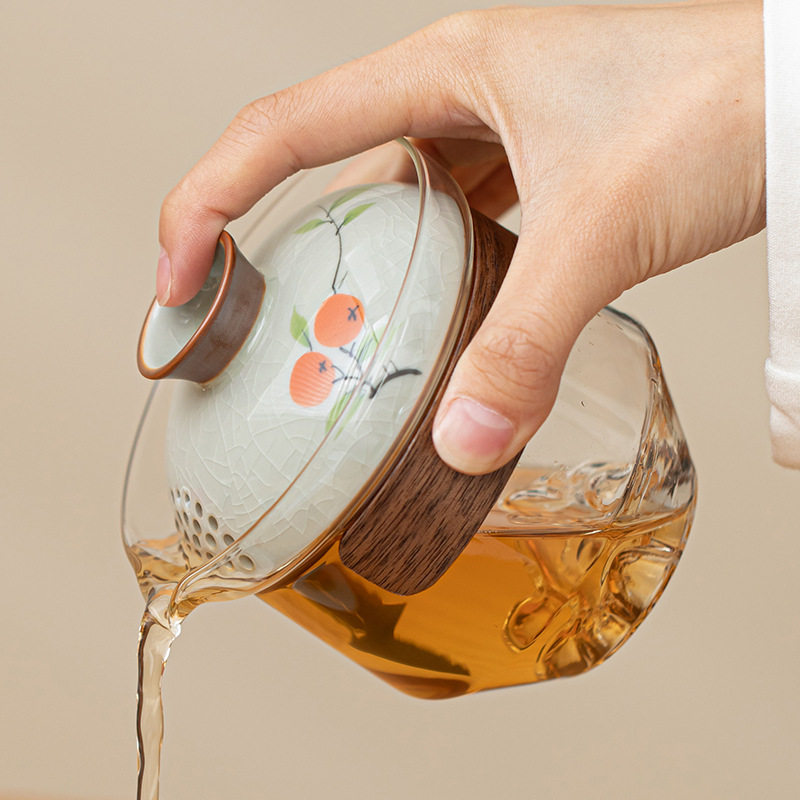哥窑手绘手抓壶轻奢高档玻璃盖碗茶杯家用茶壶泡茶不烫手泡茶单壶