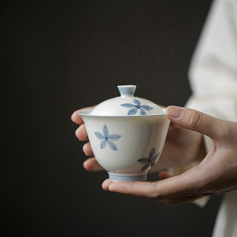 念云居盖碗青花白瓷手绘带盖泡茶碗家用日式大容量陶瓷茶杯礼品