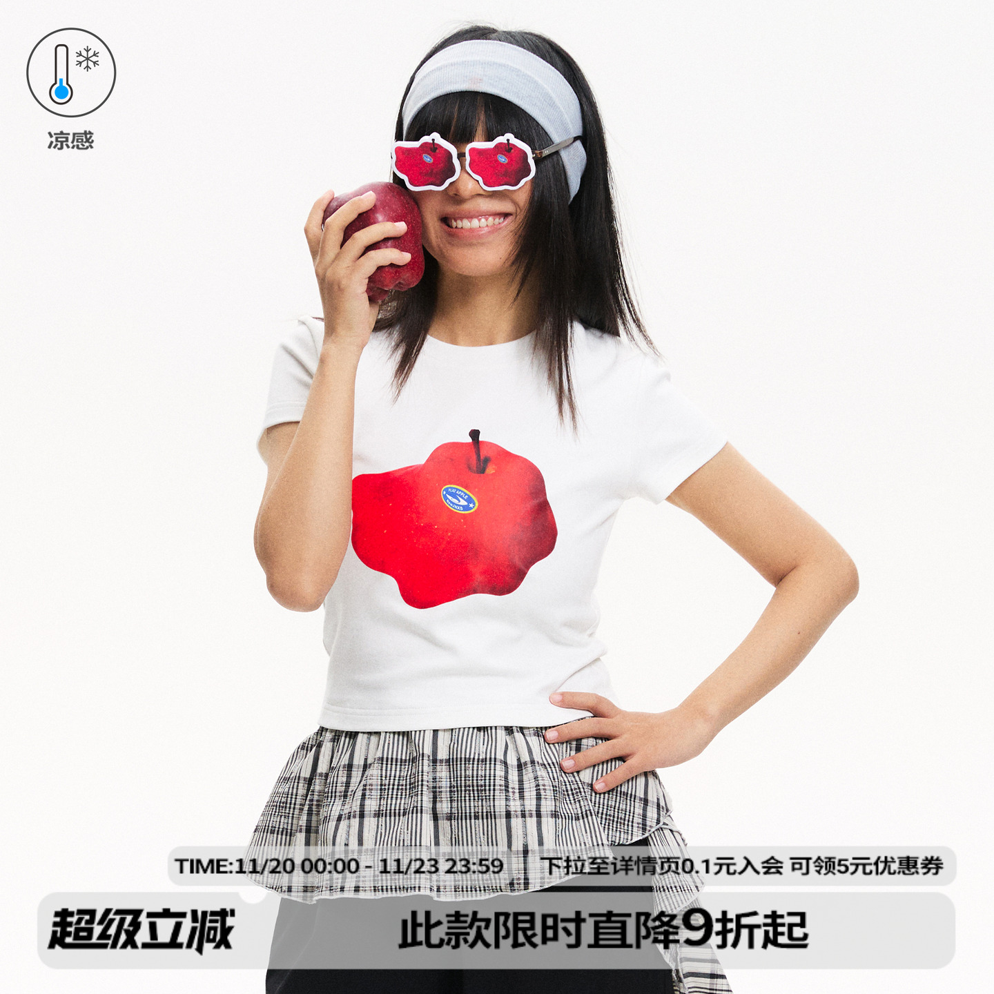 江南先生NewJNXS美式复古凉感冰皮苹果印花夏季圆领短袖显瘦T恤女