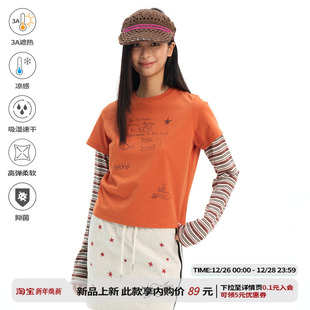 江南先生NewJNXS凉感速干抑菌闪粉印花长袖 透气针织上衣女 T恤春季