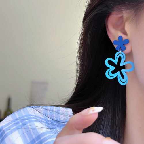 耳钉合金2024新款蓝色撞色花朵女