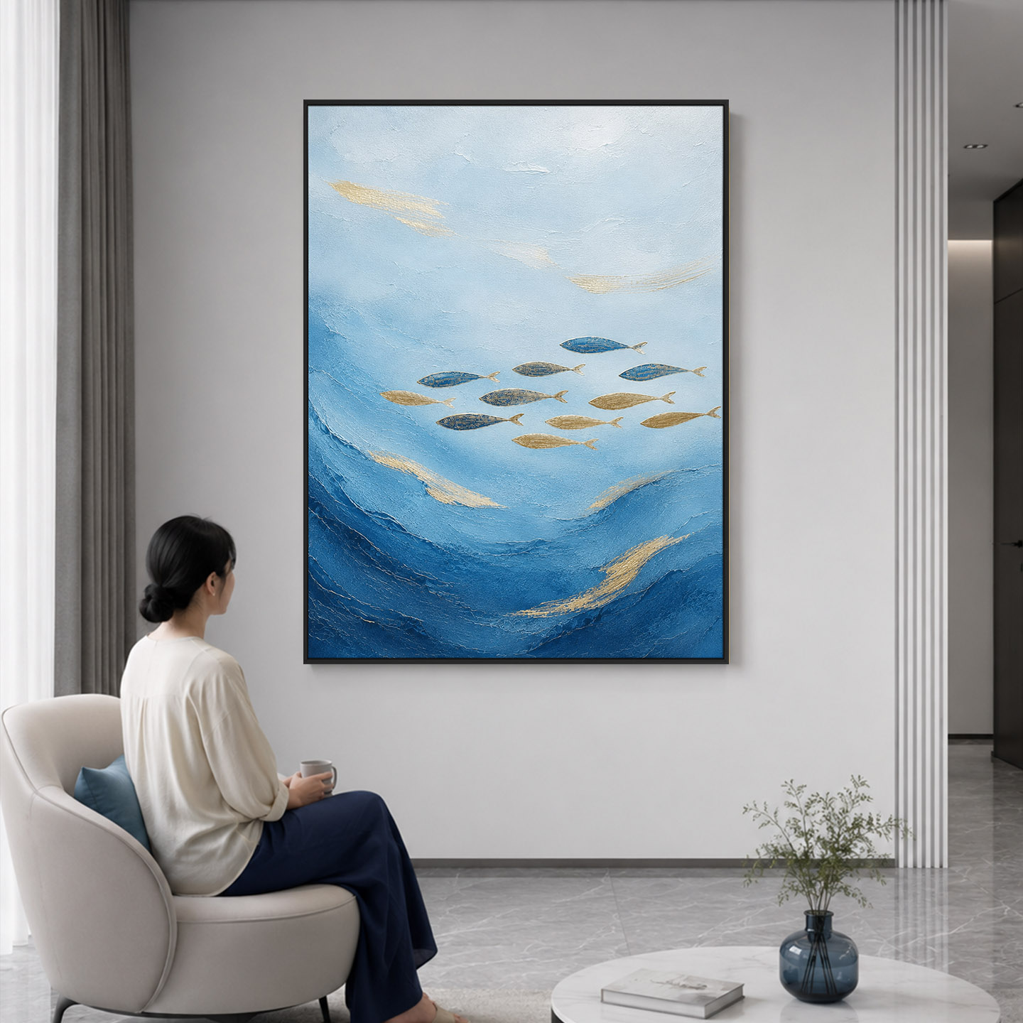 大芬村手绘深蓝流金群鱼油画