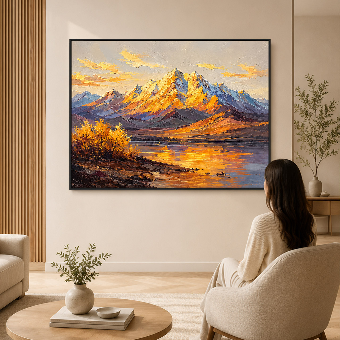 大芬村手绘雪山湖面倒影山水挂画
