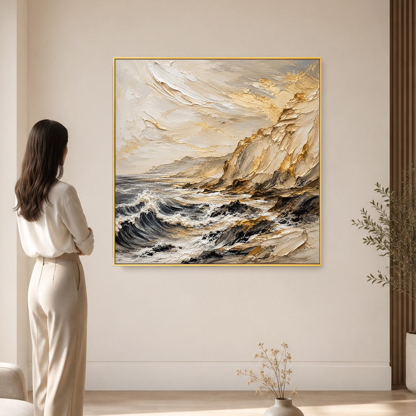 大芬村手绘金箔河流抽象装饰油画