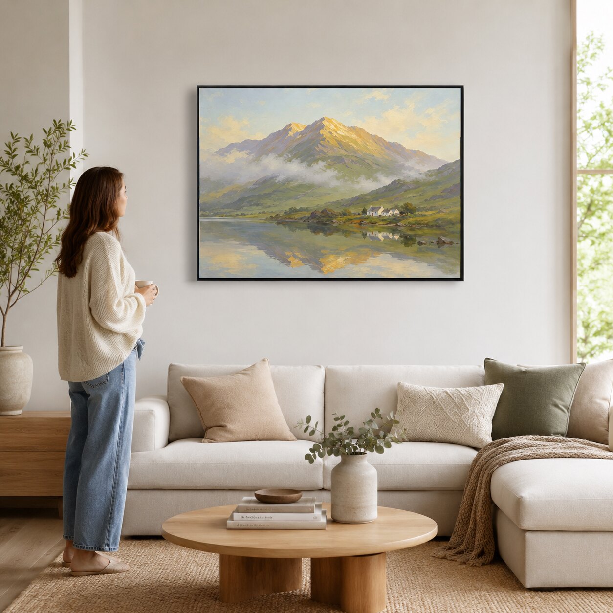 大芬村手绘油画轻雾湖面山水壁画现代新中式客厅玄关装饰背景挂画