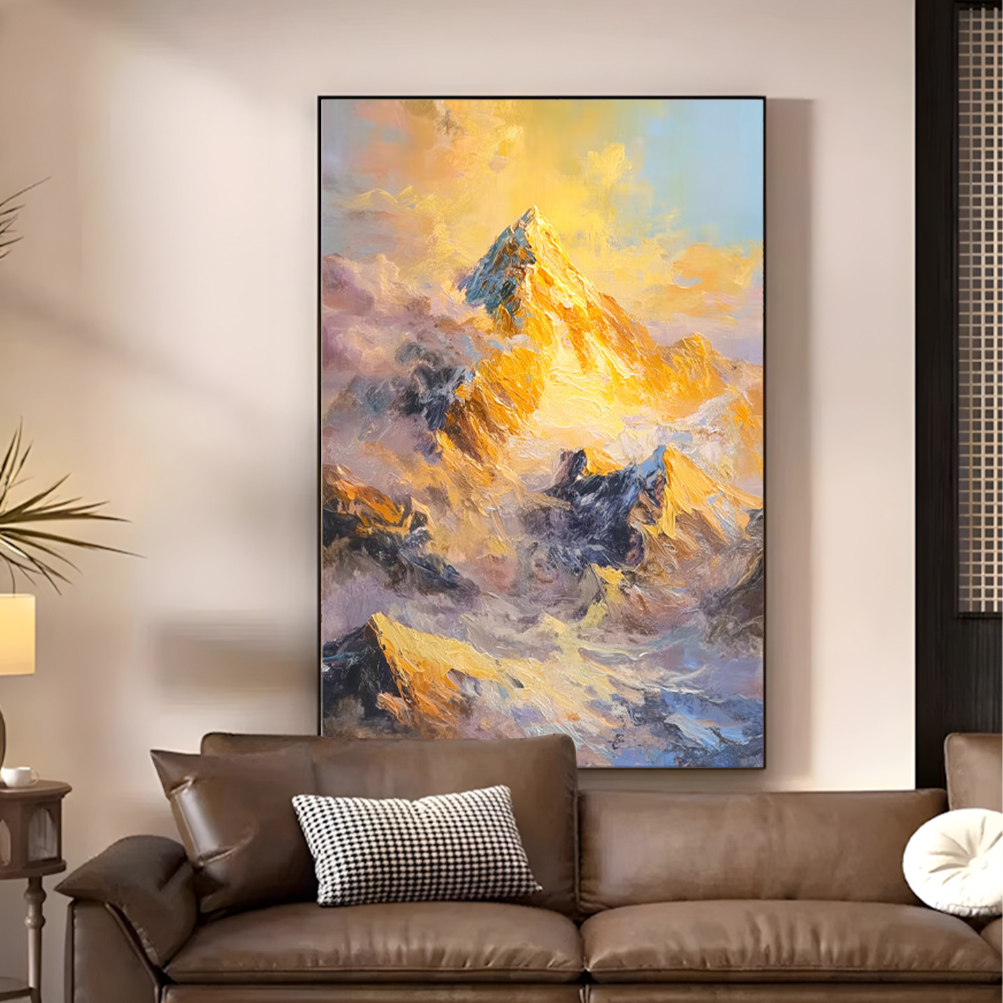 日照金山手绘油画轻奢玄关挂画