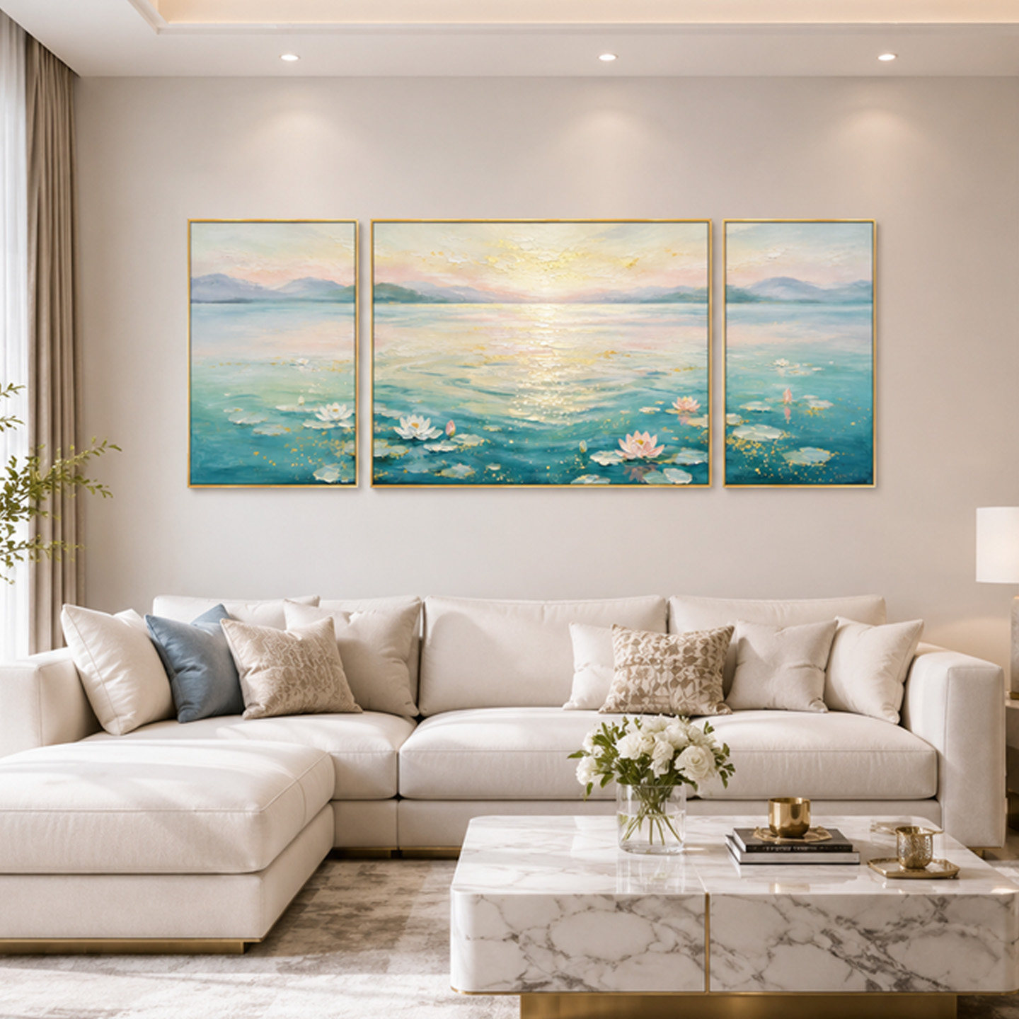 大芬村手绘金箔厚涂湖光山水油画