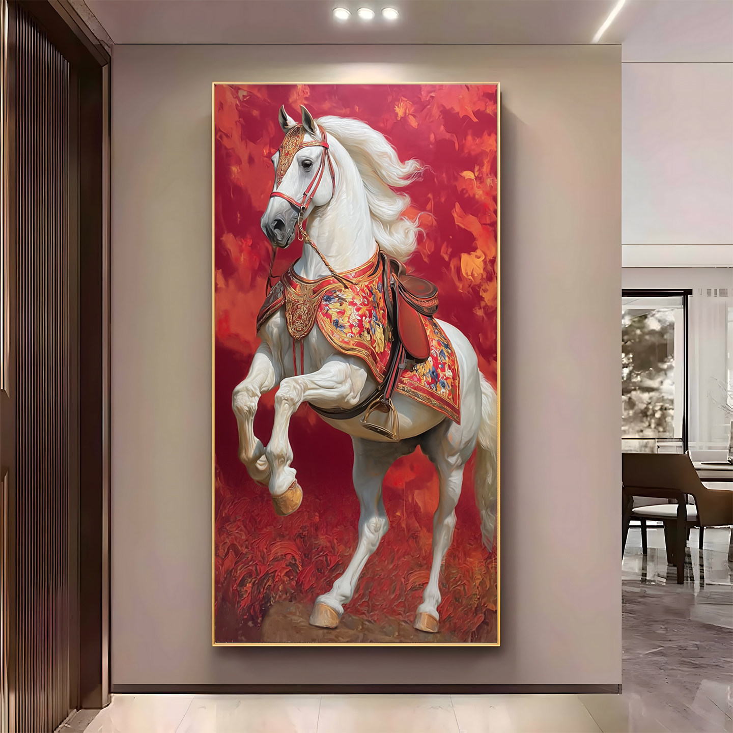 大芬村手绘油画新中式骏马招财吉祥寓意装饰壁画客厅玄关卧室挂画