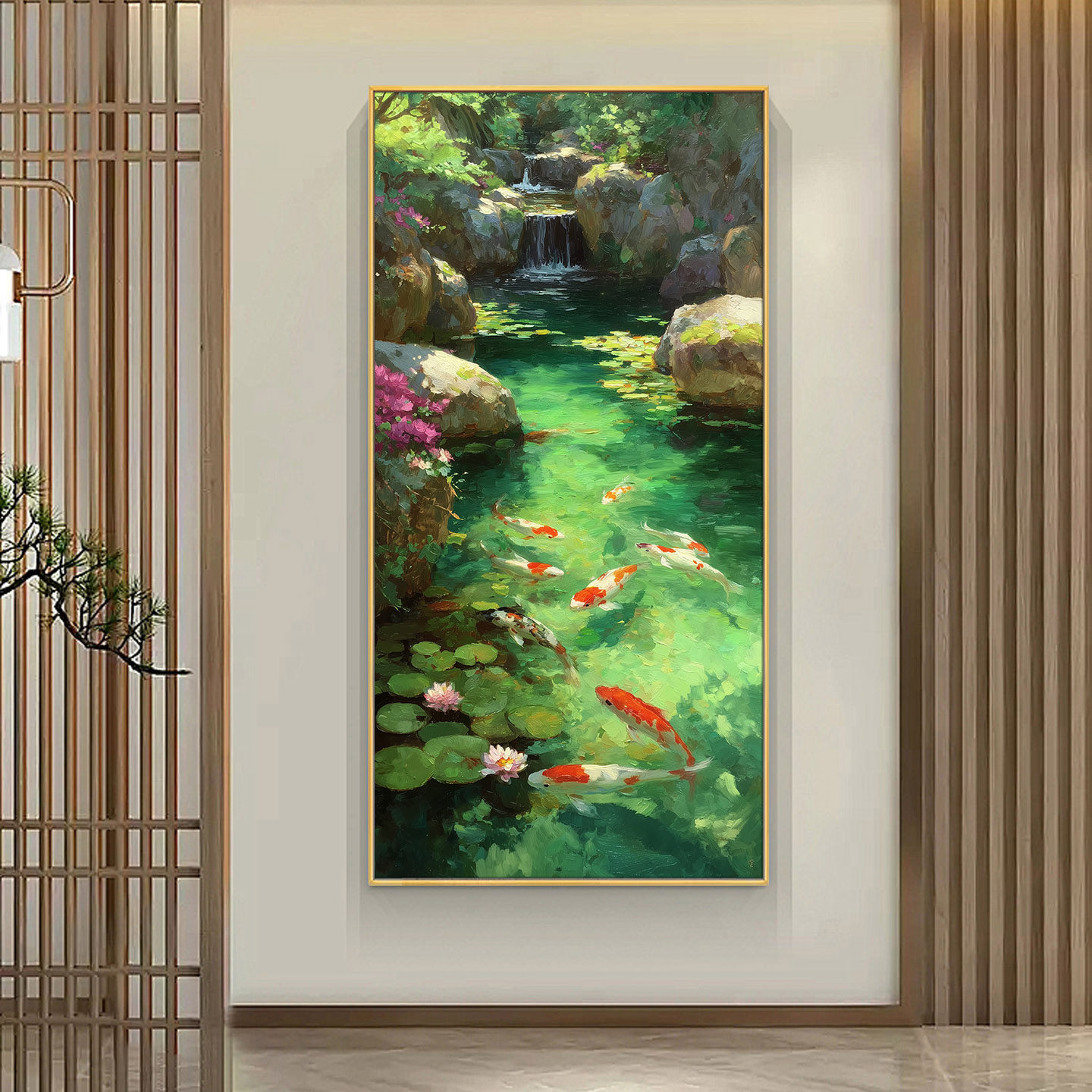 大芬村手绘锦鲤山水油画新中式客厅挂画玄关入户招财轻奢装饰壁画