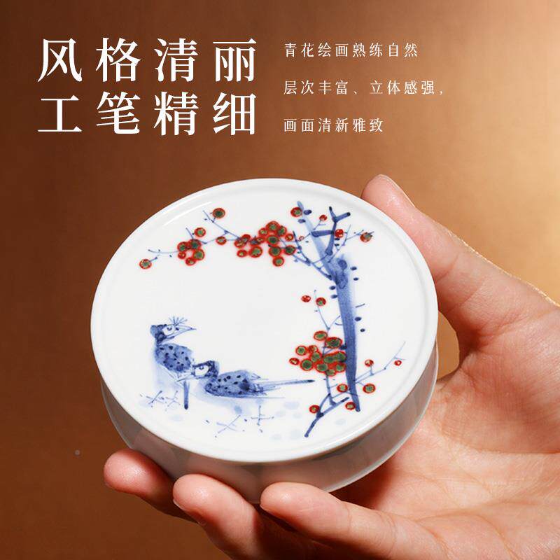 茶与器景德意镇桥窑手绘小青花釉里红八大山写盖置人壶盖托小桥窑