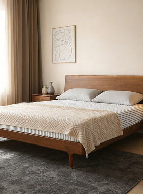 柚木之家/实木床卧室HOR简约家具橡木本色双人原木黑色复古中古