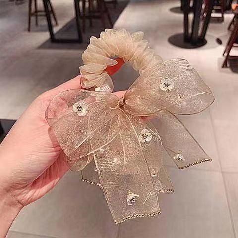 超仙山茶花蝴蝶结网纱大肠发圈丸子头高级感简约皮筋发饰